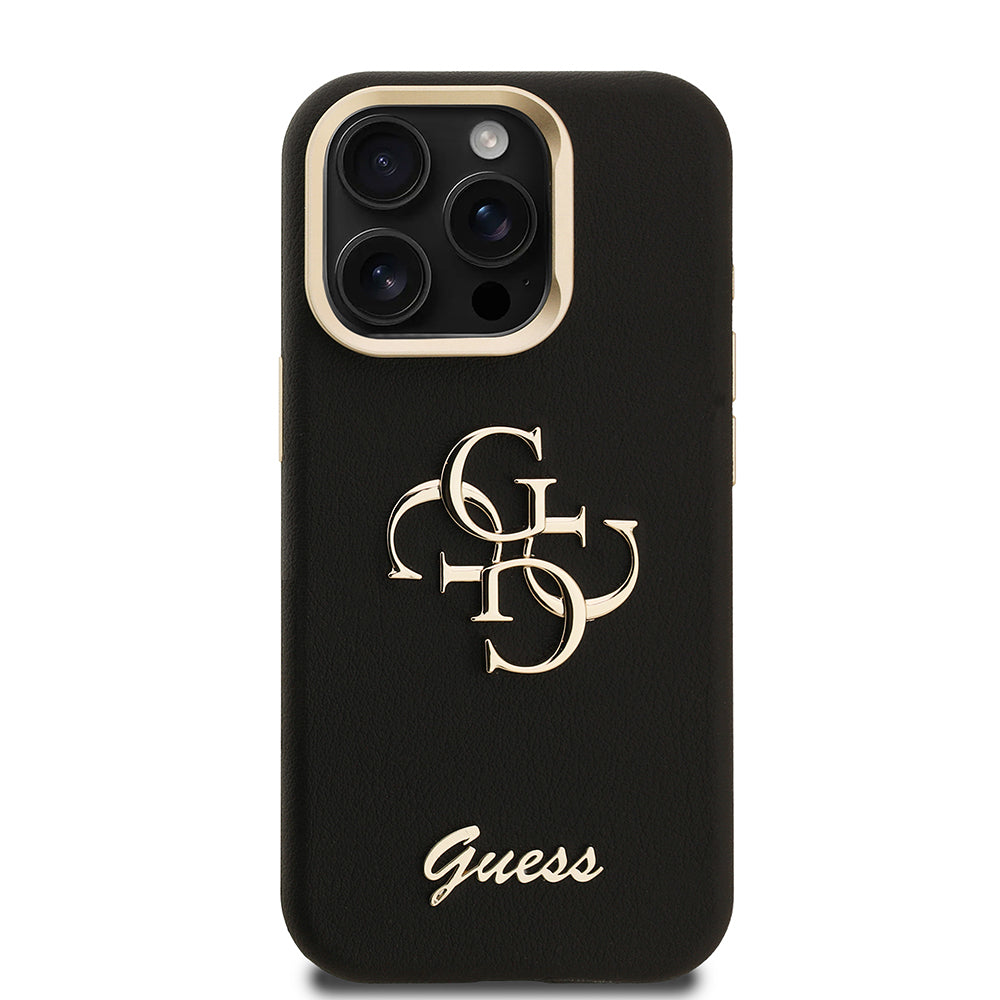 Apple iPhone 15 Pro Max Kılıf Guess Orjinal Lisanslı Grained Yazı Logolu Kamera Standlı Kapak Siyah