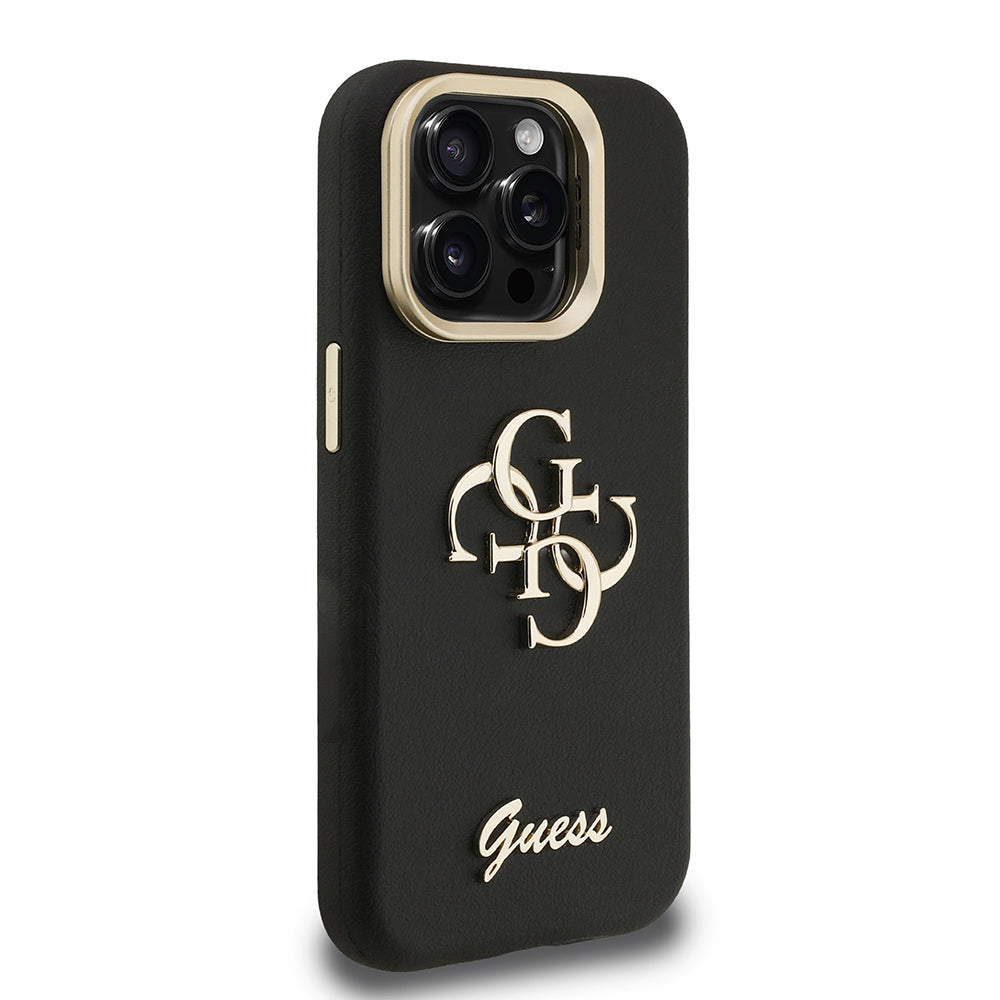 Apple iPhone 15 Pro Max Kılıf Guess Orjinal Lisanslı Grained Yazı Logolu Kamera Standlı Kapak Siyah