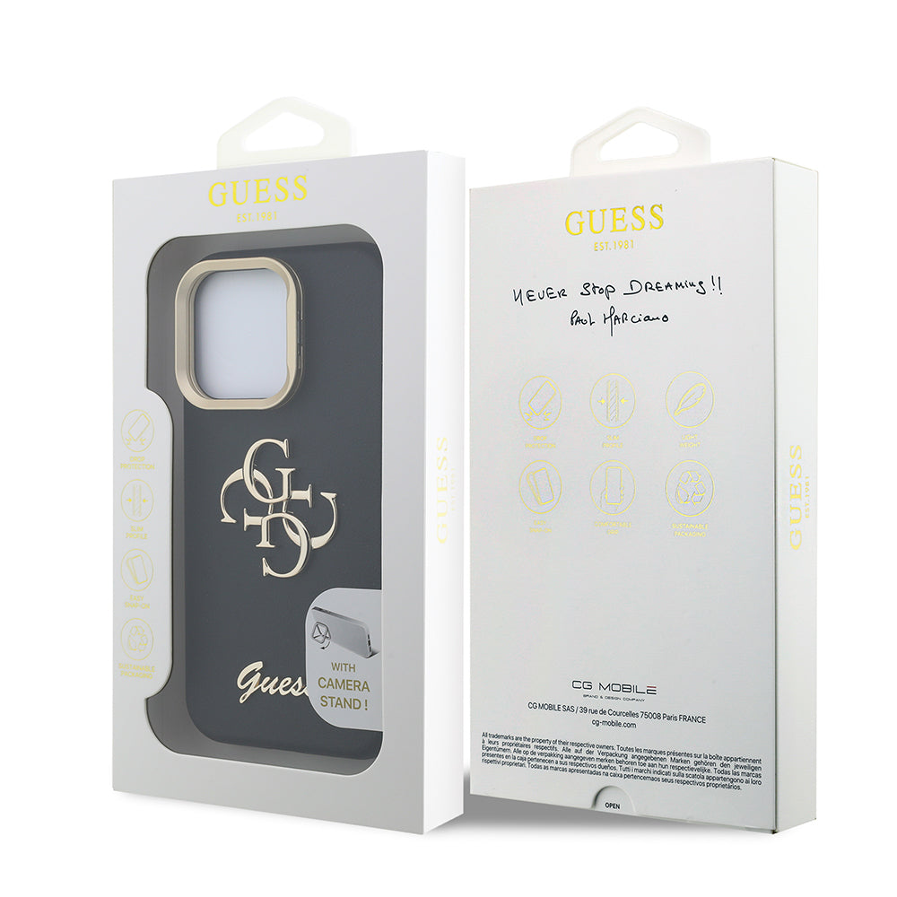 Apple iPhone 15 Pro Max Kılıf Guess Orjinal Lisanslı Grained Yazı Logolu Kamera Standlı Kapak Siyah