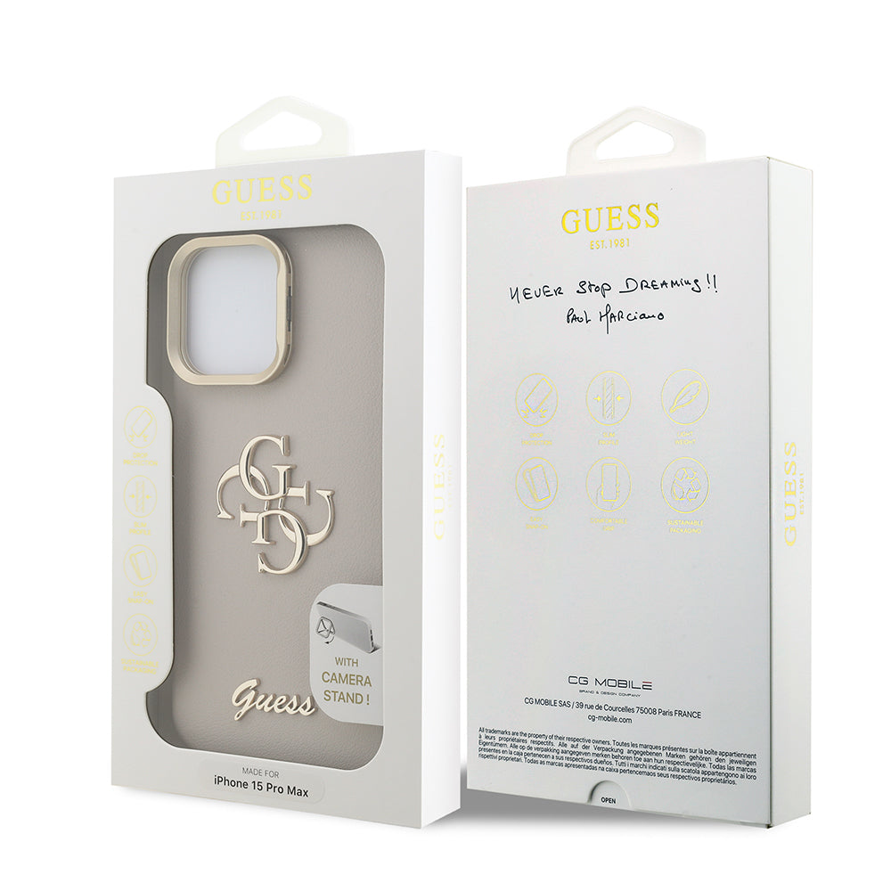 Apple iPhone 15 Pro Max Kılıf Guess Orjinal Lisanslı Grained Yazı Logolu Kamera Standlı Kapak Siyah