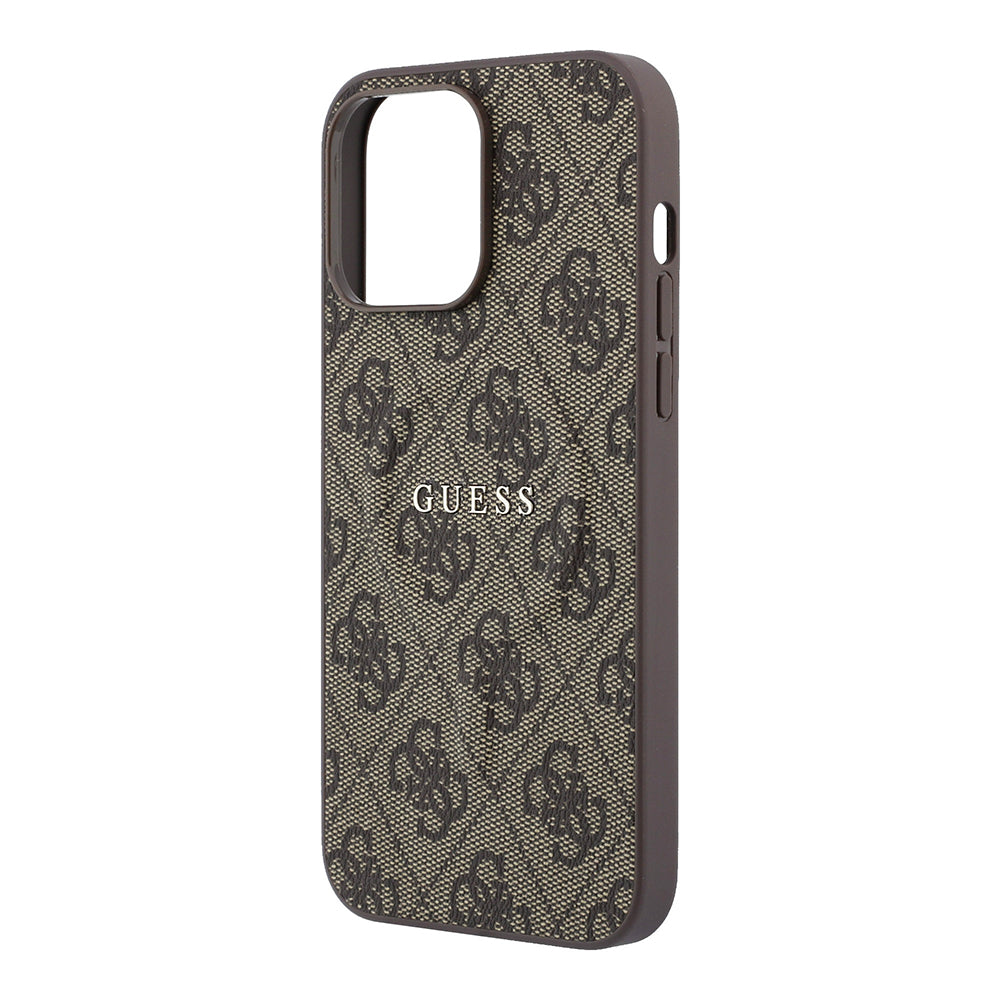 Apple iPhone 15 Pro Max Kılıf Guess Orjinal Lisanslı M-safe Kabartmalı 4G Desenli Yazı Logolu Kapak Kahverengi