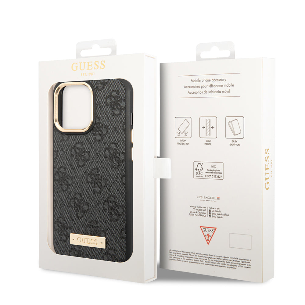 Apple iPhone 15 Pro Max Kılıf Guess Orjinal Lisanslı M-safe Şarj Özellikli 4G Desenli PU Metal Plaka Klasik Logolu Kapak Siyah