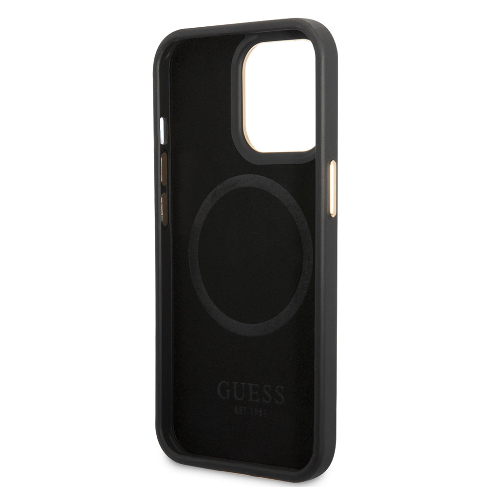Apple iPhone 15 Pro Max Kılıf Guess Orjinal Lisanslı M-safe Şarj Özellikli 4G Desenli PU Metal Plaka Klasik Logolu Kapak Siyah