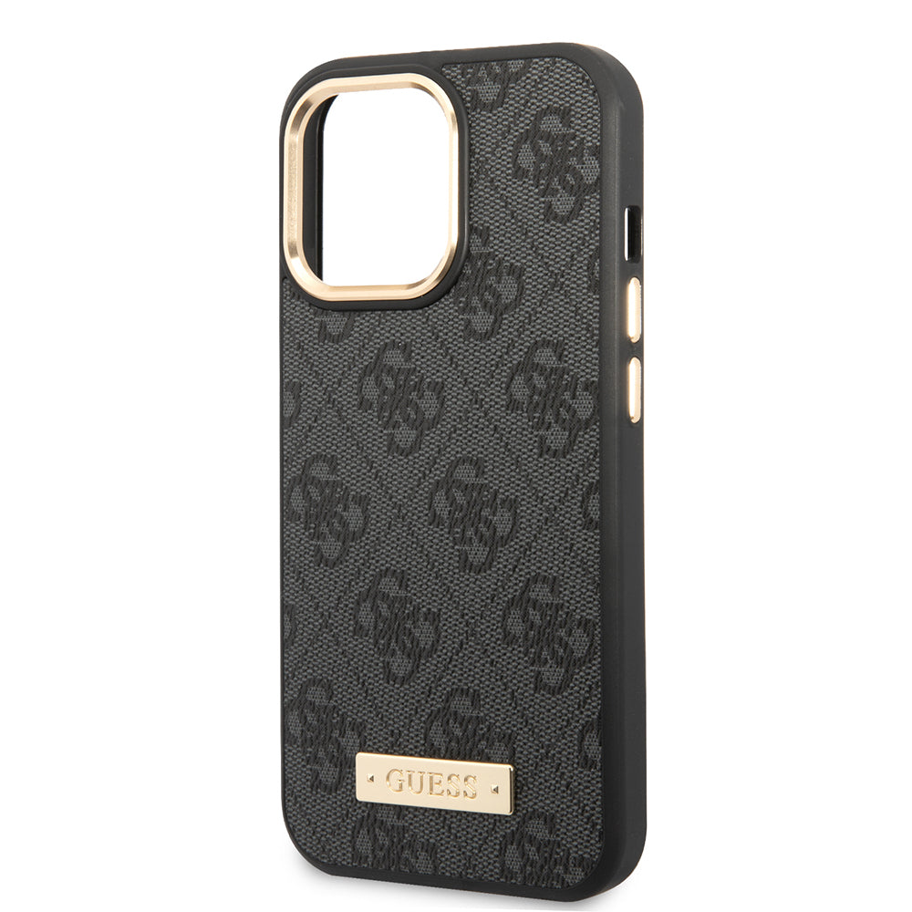 Apple iPhone 15 Pro Max Kılıf Guess Orjinal Lisanslı M-safe Şarj Özellikli 4G Desenli PU Metal Plaka Klasik Logolu Kapak Siyah