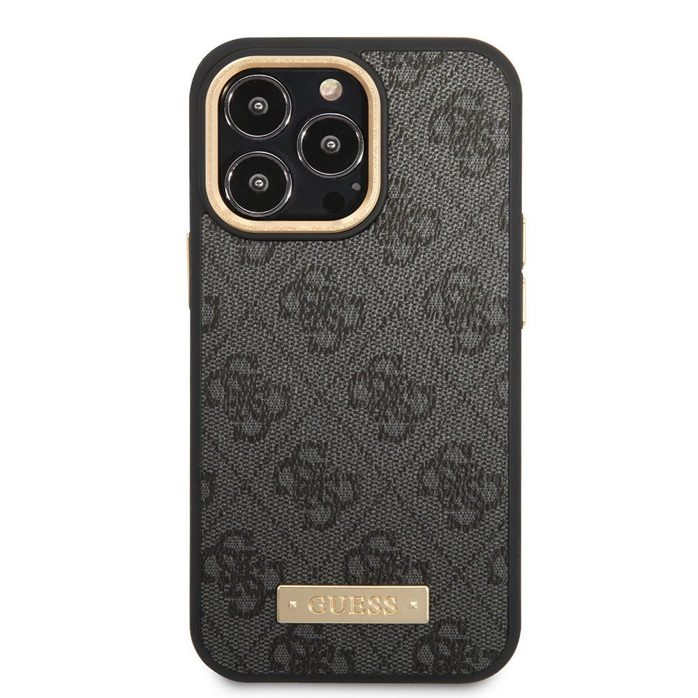 Apple iPhone 15 Pro Max Kılıf Guess Orjinal Lisanslı M-safe Şarj Özellikli 4G Desenli PU Metal Plaka Klasik Logolu Kapak Siyah