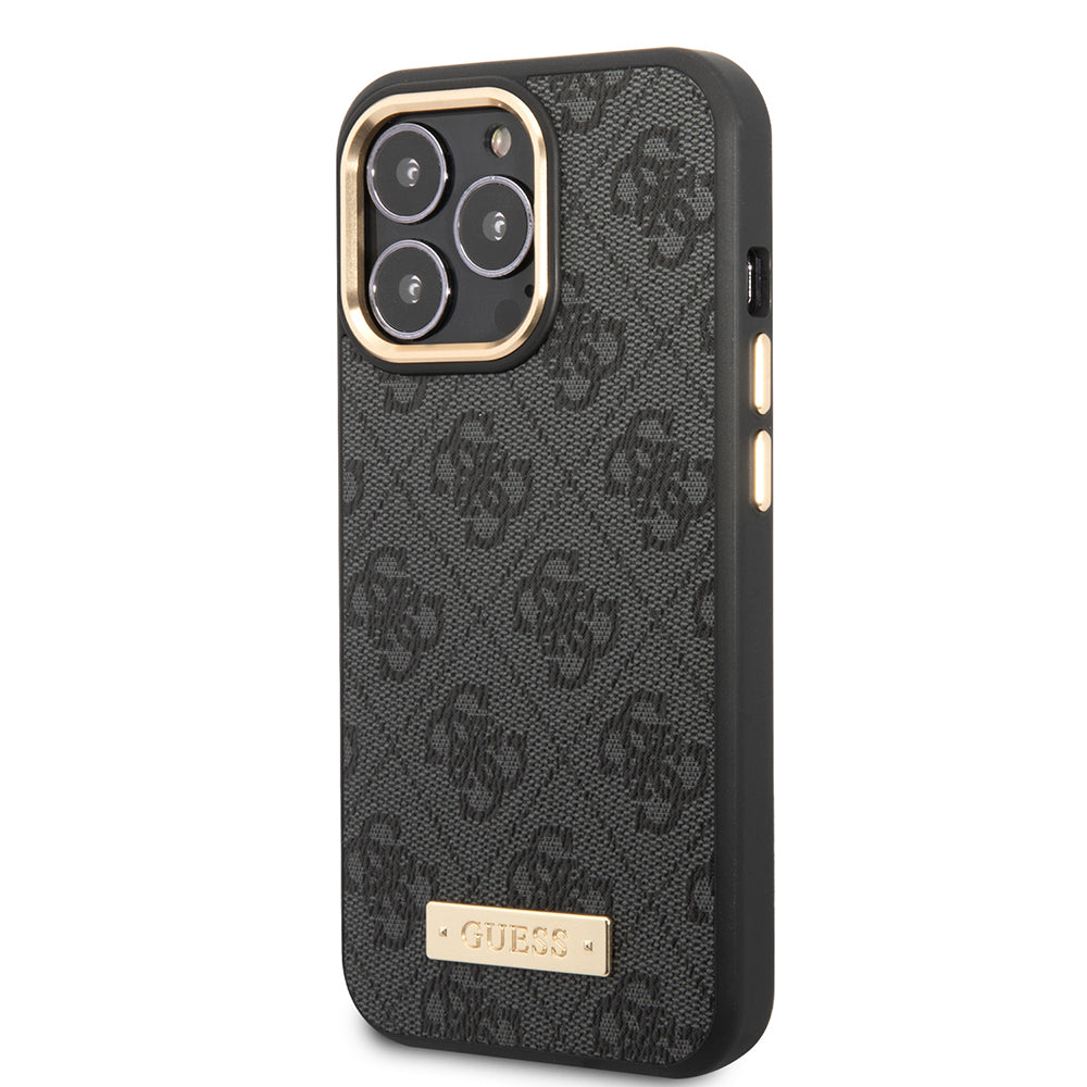 Apple iPhone 15 Pro Max Kılıf Guess Orjinal Lisanslı M-safe Şarj Özellikli 4G Desenli PU Metal Plaka Klasik Logolu Kapak Siyah