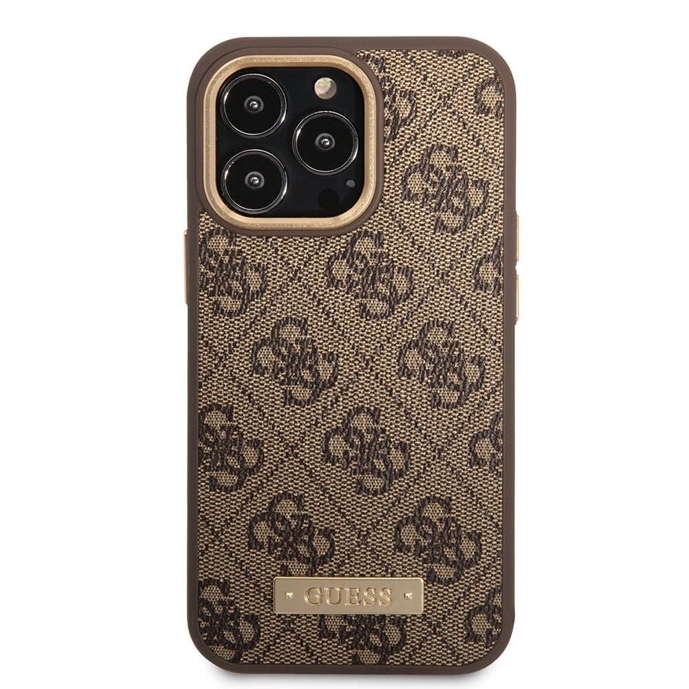 Apple iPhone 15 Pro Max Kılıf Guess Orjinal Lisanslı M-safe Şarj Özellikli 4G Desenli PU Metal Plaka Klasik Logolu Kapak Siyah