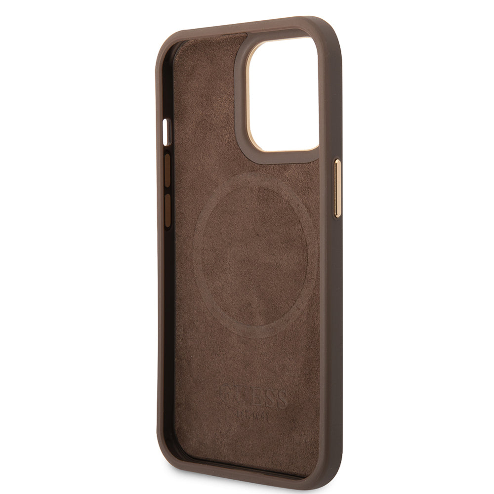 Apple iPhone 15 Pro Max Kılıf Guess Orjinal Lisanslı M-safe Şarj Özellikli 4G Desenli PU Metal Plaka Klasik Logolu Kapak Siyah
