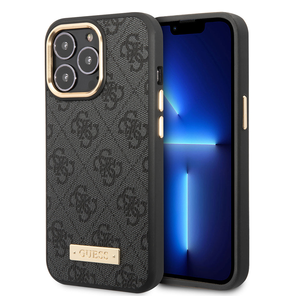 Apple iPhone 15 Pro Max Kılıf Guess Orjinal Lisanslı M-safe Şarj Özellikli 4G Desenli PU Metal Plaka Klasik Logolu Kapak Siyah