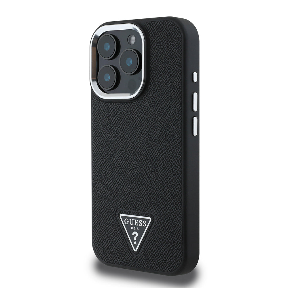 Apple iPhone 15 Pro Max Kılıf Guess Orjinal Lisanslı M-safe Şarj Özellikli Grained Triangle Kapak Kahverengi