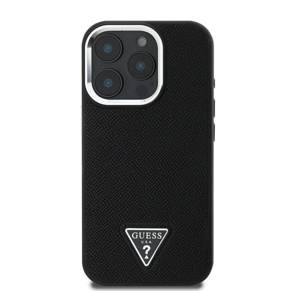 Apple iPhone 15 Pro Max Kılıf Guess Orjinal Lisanslı M-safe Şarj Özellikli Grained Triangle Kapak Kahverengi