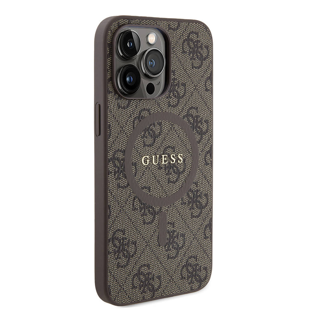 Apple iPhone 15 Pro Max Kılıf Guess Orjinal Lisanslı Magsafe Şarj Özellikli PU Halkalı 4G Desenli Yazı Logolu Kapak Pembe
