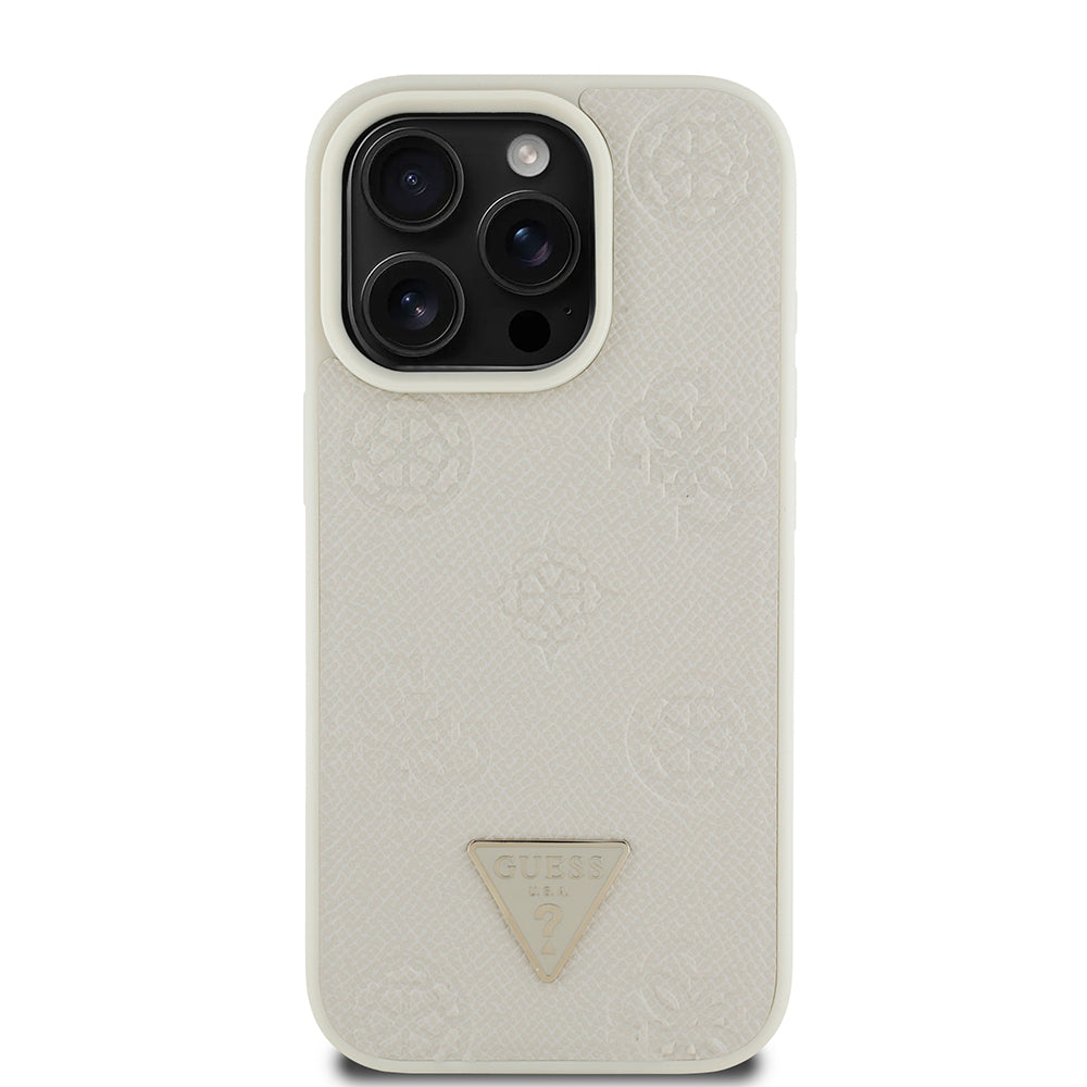 Apple iPhone 15 Pro Max Kılıf Guess Orjinal Lisanslı M-safe Şarj Özellikli Sıcak Baskılı Üçgen Logolu PU Deri Peony Kapak Bej