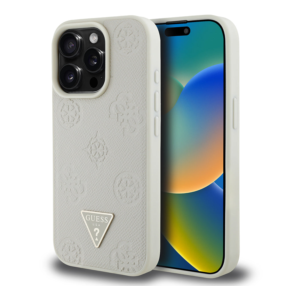 Apple iPhone 15 Pro Max Kılıf Guess Orjinal Lisanslı M-safe Şarj Özellikli Sıcak Baskılı Üçgen Logolu PU Deri Peony Kapak Bej