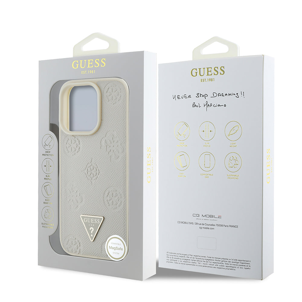 Apple iPhone 15 Pro Max Kılıf Guess Orjinal Lisanslı M-safe Şarj Özellikli Sıcak Baskılı Üçgen Logolu PU Deri Peony Kapak Bej