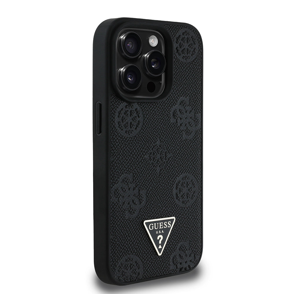 Apple iPhone 15 Pro Max Kılıf Guess Orjinal Lisanslı M-safe Şarj Özellikli Sıcak Baskılı Üçgen Logolu PU Deri Peony Kapak Bej