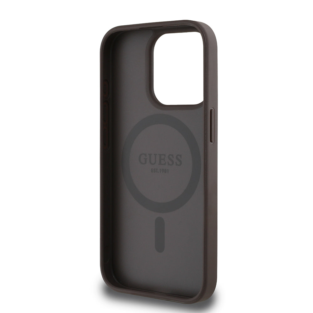 Apple iPhone 15 Pro Max Kılıf Guess Orjinal Lisanslı M-safe Şarj Özellikli Sıcak Baskılı Üçgen Logolu PU Deri Peony Kapak Bej