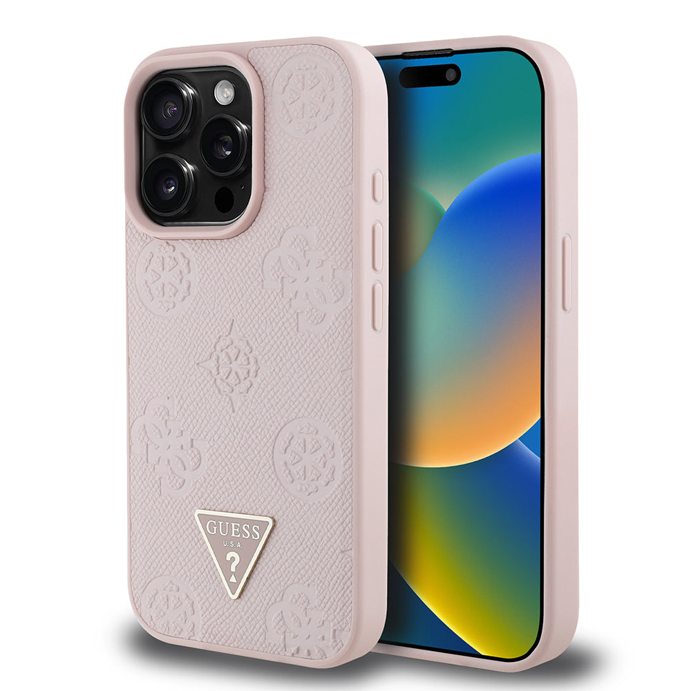 Apple iPhone 15 Pro Max Kılıf Guess Orjinal Lisanslı M-safe Şarj Özellikli Sıcak Baskılı Üçgen Logolu PU Deri Peony Kapak Bej