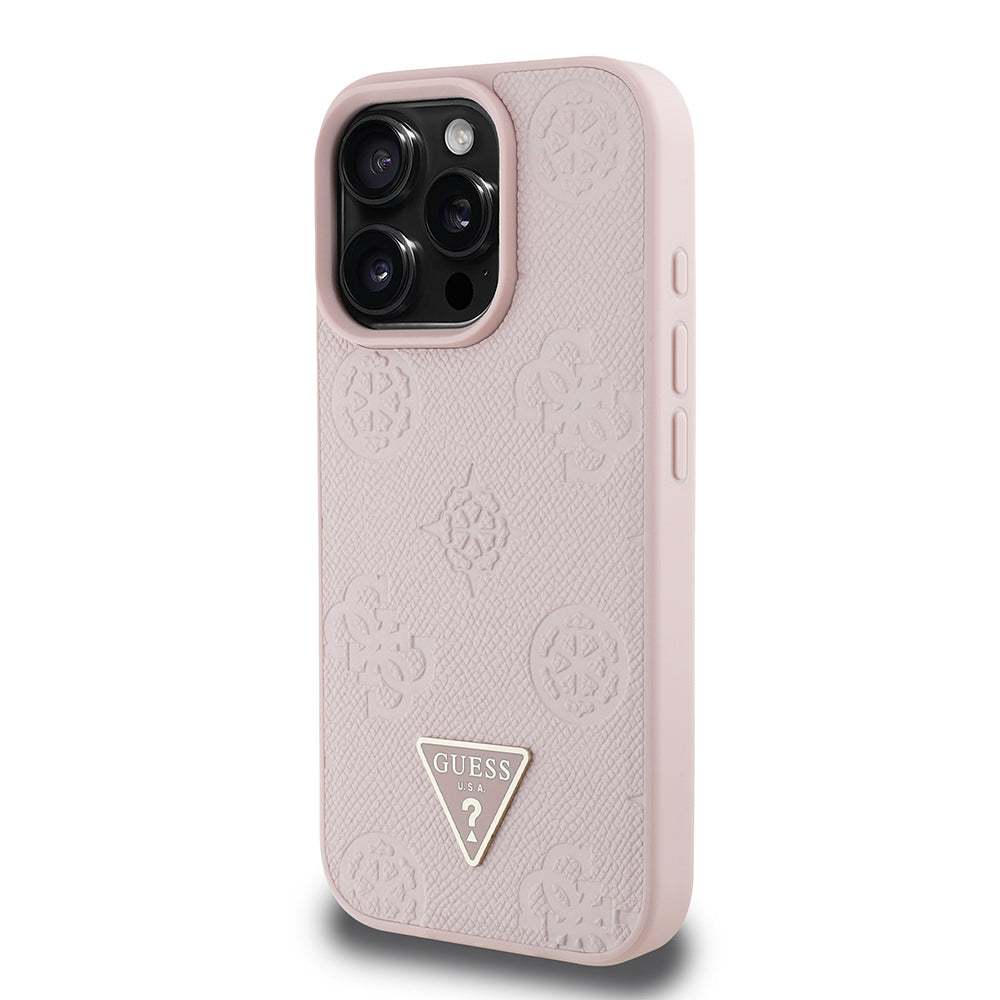 Apple iPhone 15 Pro Max Kılıf Guess Orjinal Lisanslı M-safe Şarj Özellikli Sıcak Baskılı Üçgen Logolu PU Deri Peony Kapak Bej