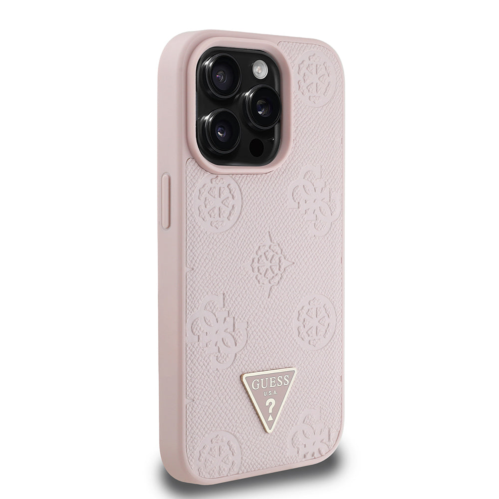 Apple iPhone 15 Pro Max Kılıf Guess Orjinal Lisanslı M-safe Şarj Özellikli Sıcak Baskılı Üçgen Logolu PU Deri Peony Kapak Bej