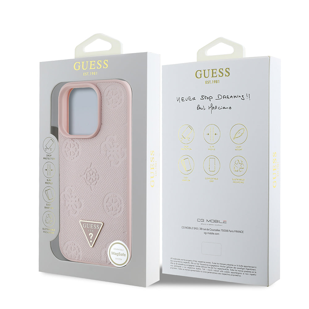 Apple iPhone 15 Pro Max Kılıf Guess Orjinal Lisanslı M-safe Şarj Özellikli Sıcak Baskılı Üçgen Logolu PU Deri Peony Kapak Bej