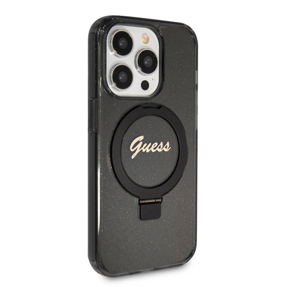 Apple iPhone 15 Pro Max Kılıf Guess Orjinal Lisanslı Magsafe Şarj Özellikli Simli Arka Yüzey Ring Standlı Kapak Renksiz