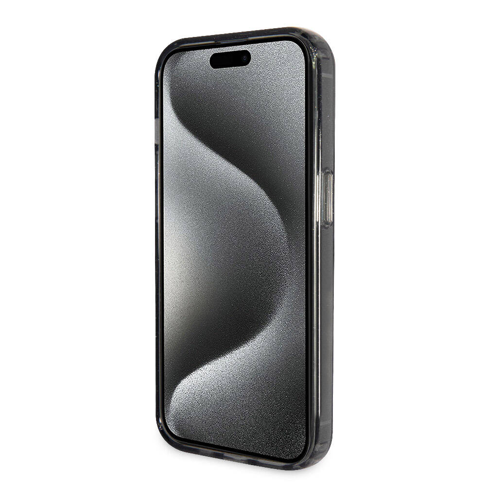 Apple iPhone 15 Pro Max Kılıf Guess Orjinal Lisanslı Magsafe Şarj Özellikli Simli Arka Yüzey Ring Standlı Kapak Renksiz