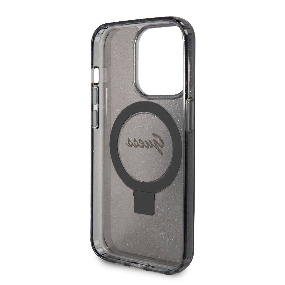 Apple iPhone 15 Pro Max Kılıf Guess Orjinal Lisanslı Magsafe Şarj Özellikli Simli Arka Yüzey Ring Standlı Kapak Siyah
