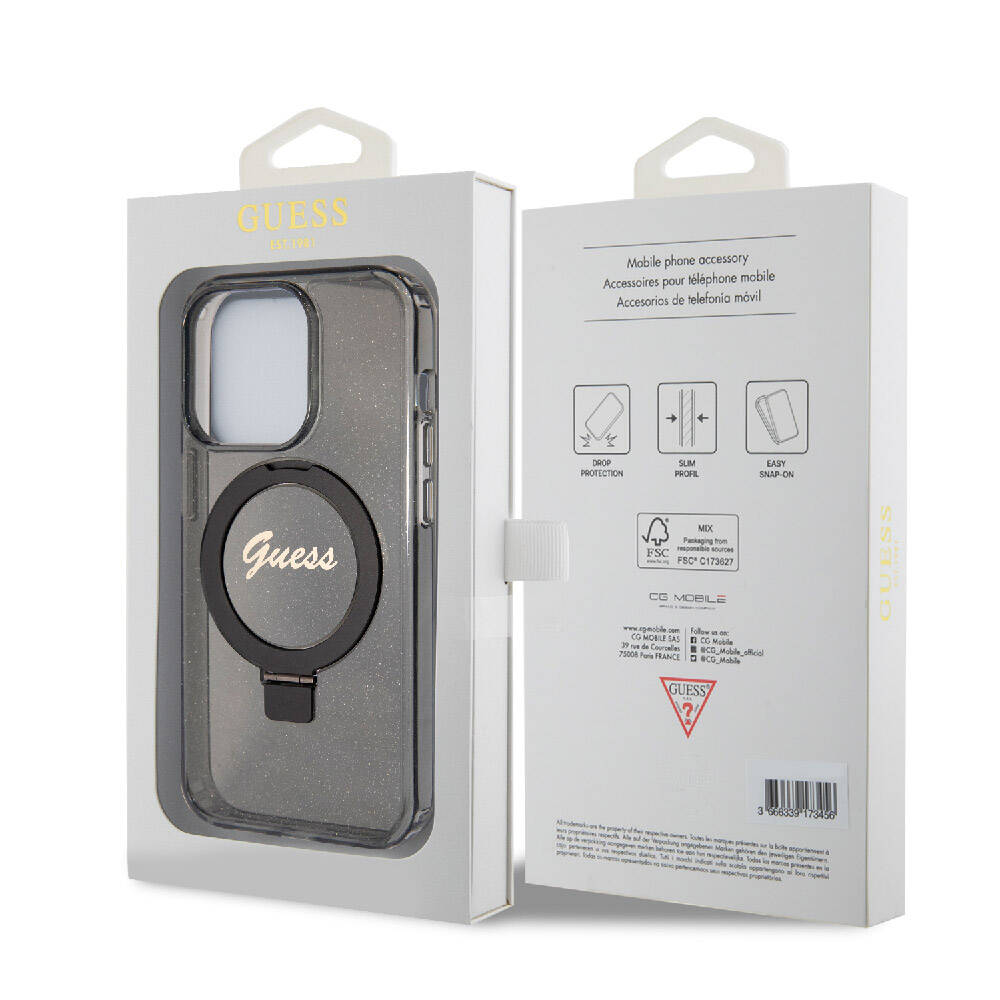 Apple iPhone 15 Pro Max Kılıf Guess Orjinal Lisanslı Magsafe Şarj Özellikli Simli Arka Yüzey Ring Standlı Kapak Siyah