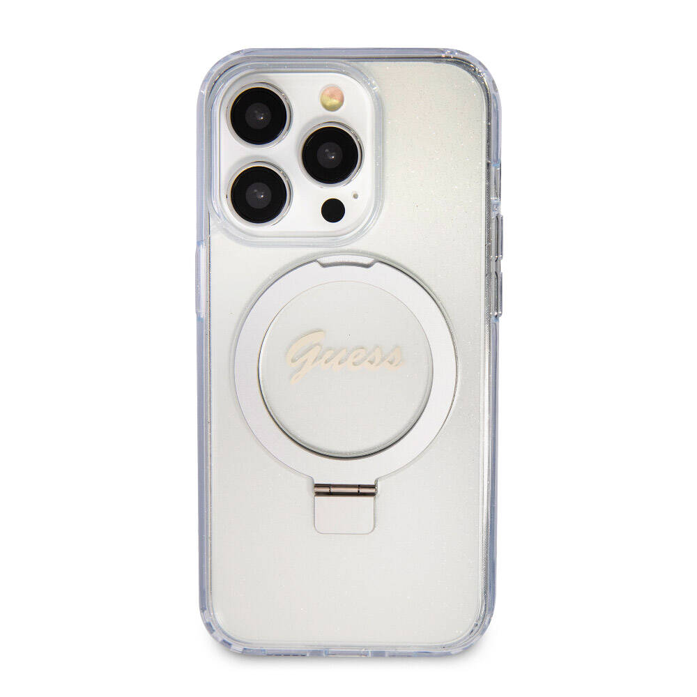 Apple iPhone 15 Pro Max Kılıf Guess Orjinal Lisanslı Magsafe Şarj Özellikli Simli Arka Yüzey Ring Standlı Kapak Siyah