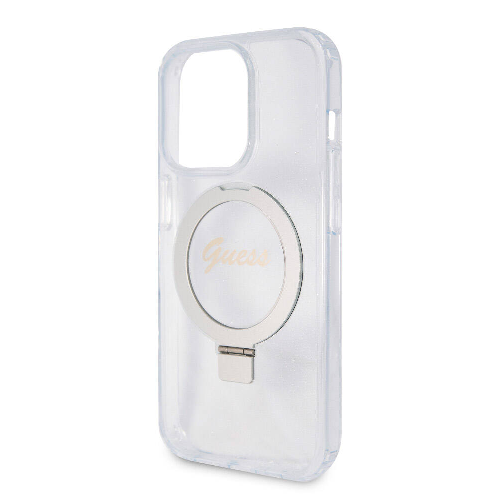 Apple iPhone 15 Pro Max Kılıf Guess Orjinal Lisanslı Magsafe Şarj Özellikli Simli Arka Yüzey Ring Standlı Kapak Siyah