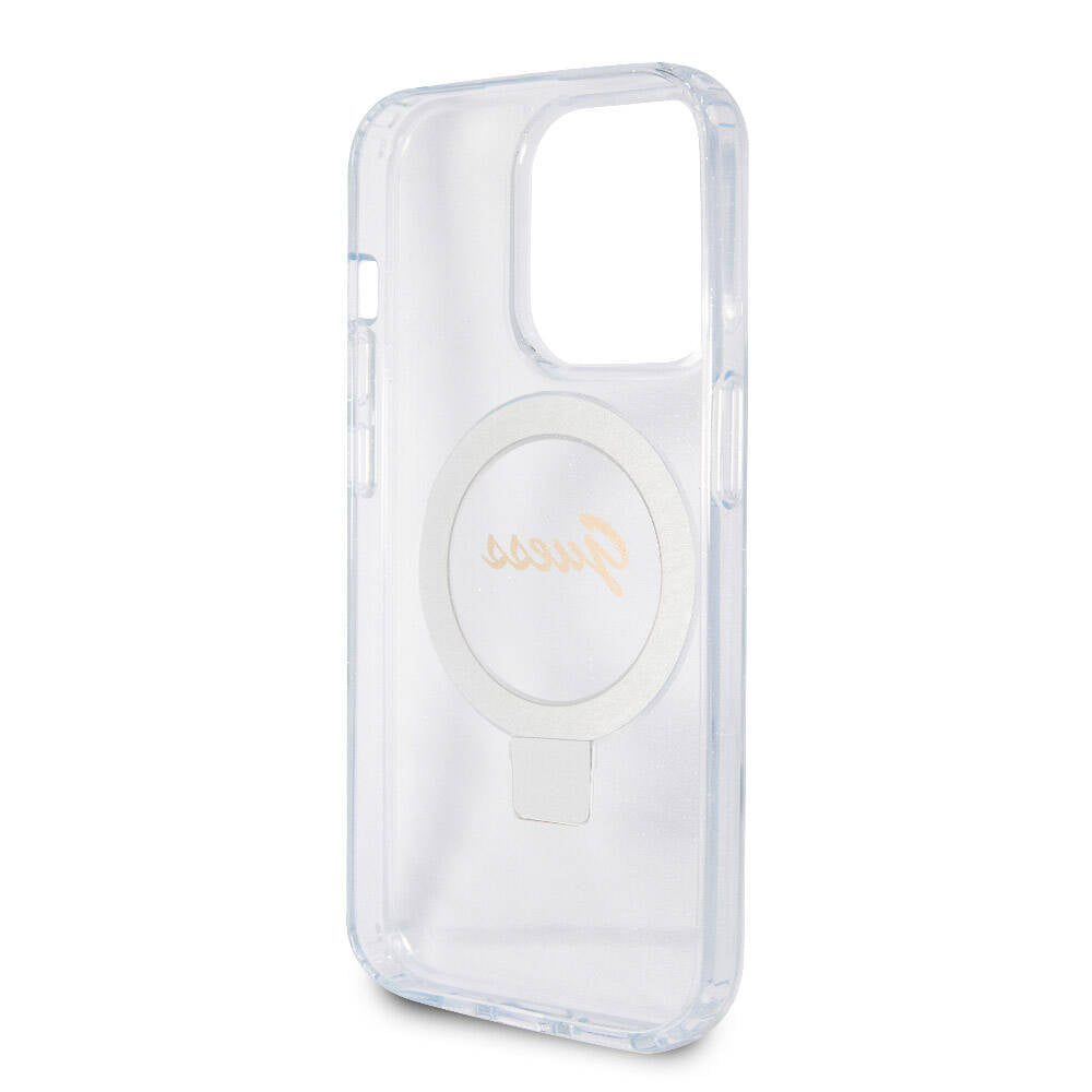 Apple iPhone 15 Pro Max Kılıf Guess Orjinal Lisanslı Magsafe Şarj Özellikli Simli Arka Yüzey Ring Standlı Kapak Siyah