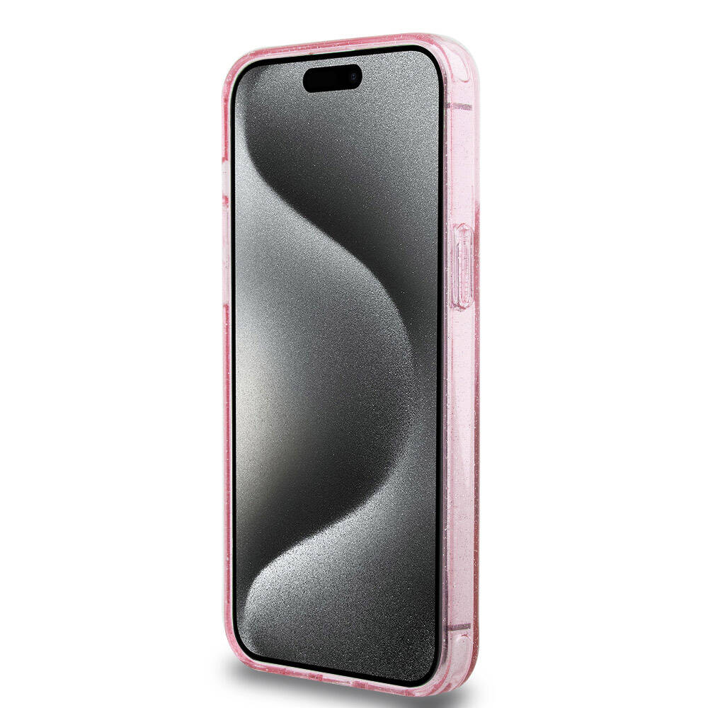 Apple iPhone 15 Pro Max Kılıf Guess Orjinal Lisanslı Magsafe Şarj Özellikli Simli Arka Yüzey Ring Standlı Kapak Siyah