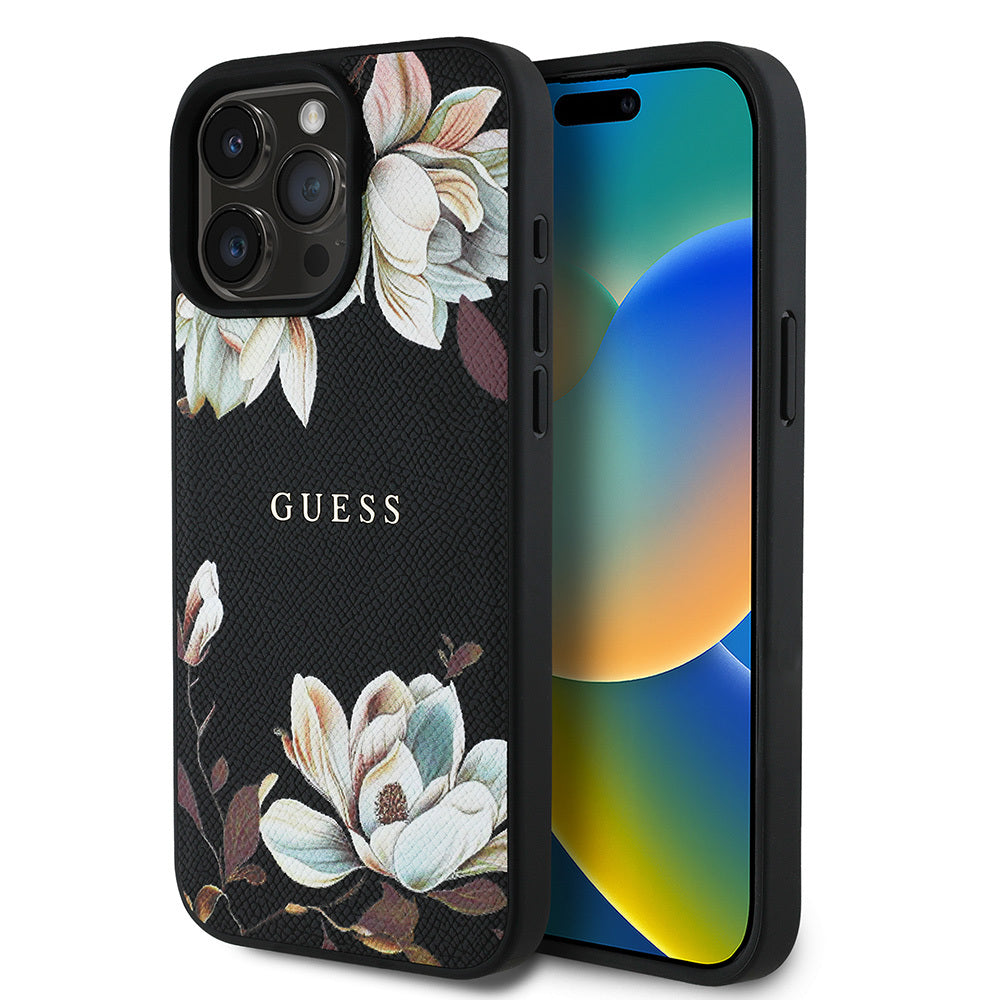 Apple iPhone 15 Pro Max Kılıf Guess Orjinal Lisanslı M-safe Şarj Özellikli Taneli Çiçek Tasarımlı Metal Yazı Logolu Kapak Siyah