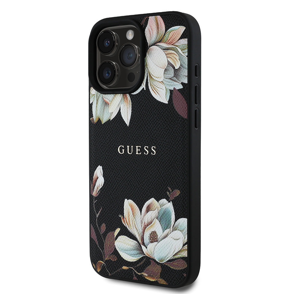 Apple iPhone 15 Pro Max Kılıf Guess Orjinal Lisanslı M-safe Şarj Özellikli Taneli Çiçek Tasarımlı Metal Yazı Logolu Kapak Siyah