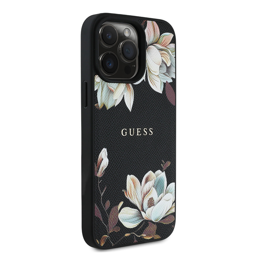 Apple iPhone 15 Pro Max Kılıf Guess Orjinal Lisanslı M-safe Şarj Özellikli Taneli Çiçek Tasarımlı Metal Yazı Logolu Kapak Siyah