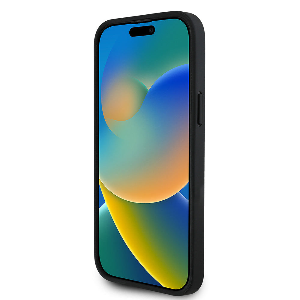 Apple iPhone 15 Pro Max Kılıf Guess Orjinal Lisanslı M-safe Şarj Özellikli Taneli Çiçek Tasarımlı Metal Yazı Logolu Kapak Siyah