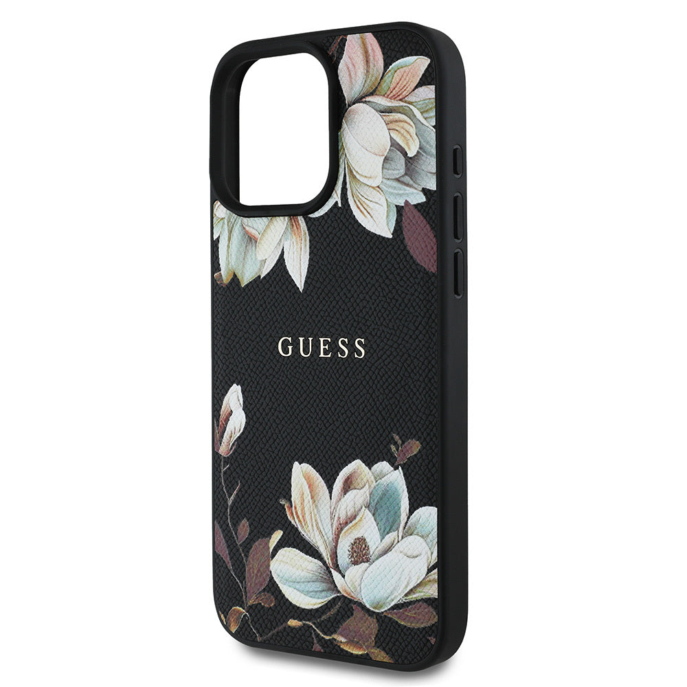 Apple iPhone 15 Pro Max Kılıf Guess Orjinal Lisanslı M-safe Şarj Özellikli Taneli Çiçek Tasarımlı Metal Yazı Logolu Kapak Siyah