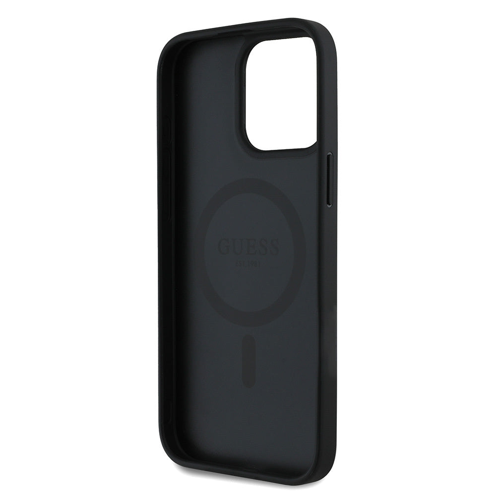 Apple iPhone 15 Pro Max Kılıf Guess Orjinal Lisanslı M-safe Şarj Özellikli Taneli Çiçek Tasarımlı Metal Yazı Logolu Kapak Siyah