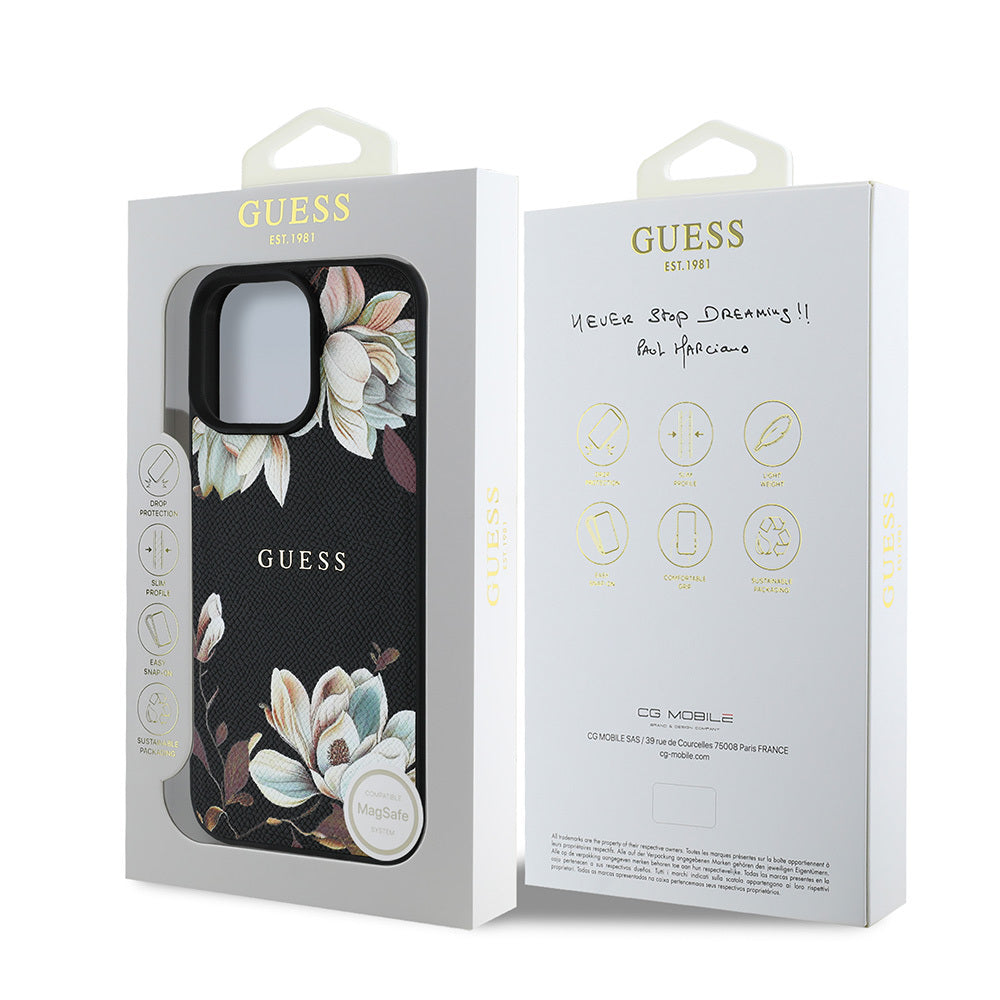 Apple iPhone 15 Pro Max Kılıf Guess Orjinal Lisanslı M-safe Şarj Özellikli Taneli Çiçek Tasarımlı Metal Yazı Logolu Kapak Siyah