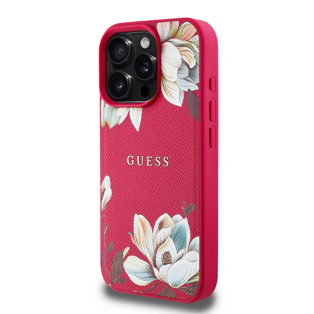 Apple iPhone 15 Pro Max Kılıf Guess Orjinal Lisanslı M-safe Şarj Özellikli Taneli Çiçek Tasarımlı Metal Yazı Logolu Kapak Siyah