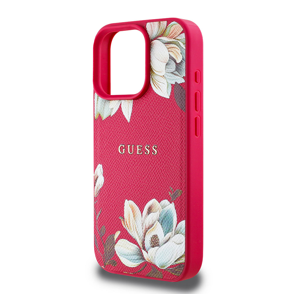 Apple iPhone 15 Pro Max Kılıf Guess Orjinal Lisanslı M-safe Şarj Özellikli Taneli Çiçek Tasarımlı Metal Yazı Logolu Kapak Siyah