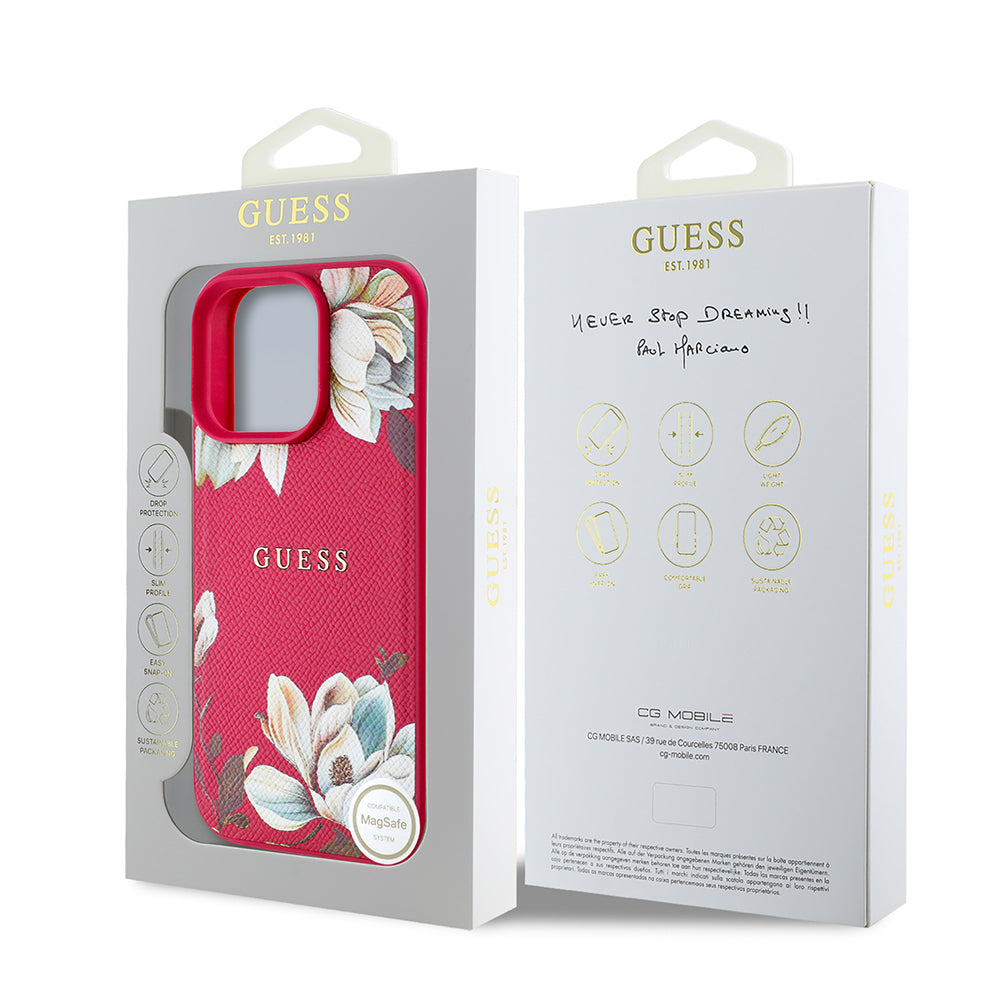 Apple iPhone 15 Pro Max Kılıf Guess Orjinal Lisanslı M-safe Şarj Özellikli Taneli Çiçek Tasarımlı Metal Yazı Logolu Kapak Siyah