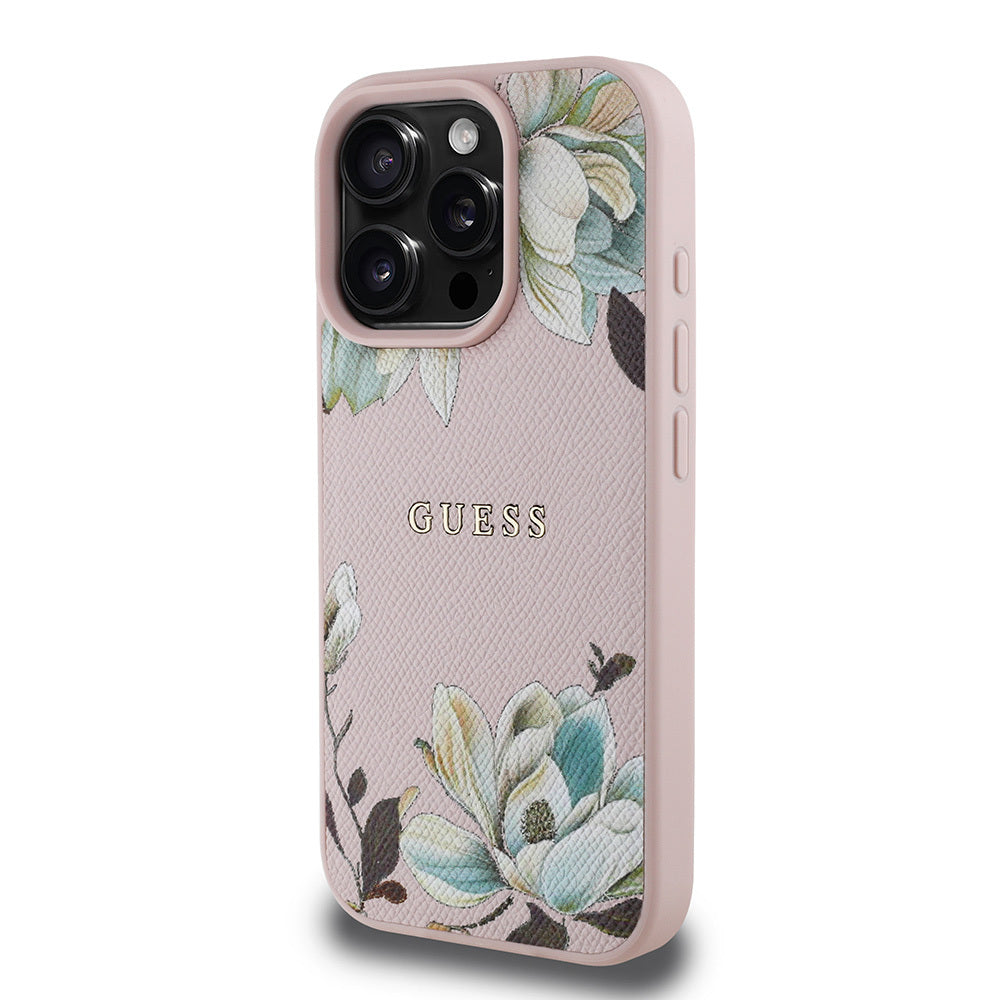 Apple iPhone 15 Pro Max Kılıf Guess Orjinal Lisanslı M-safe Şarj Özellikli Taneli Çiçek Tasarımlı Metal Yazı Logolu Kapak Siyah