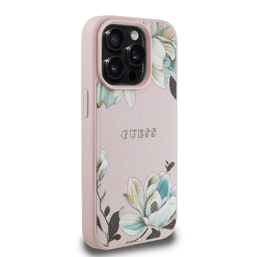 Apple iPhone 15 Pro Max Kılıf Guess Orjinal Lisanslı M-safe Şarj Özellikli Taneli Çiçek Tasarımlı Metal Yazı Logolu Kapak Siyah