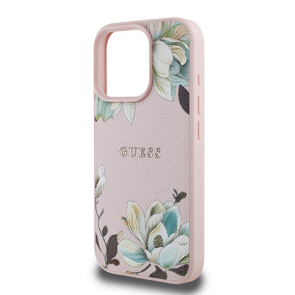 Apple iPhone 15 Pro Max Kılıf Guess Orjinal Lisanslı M-safe Şarj Özellikli Taneli Çiçek Tasarımlı Metal Yazı Logolu Kapak Siyah