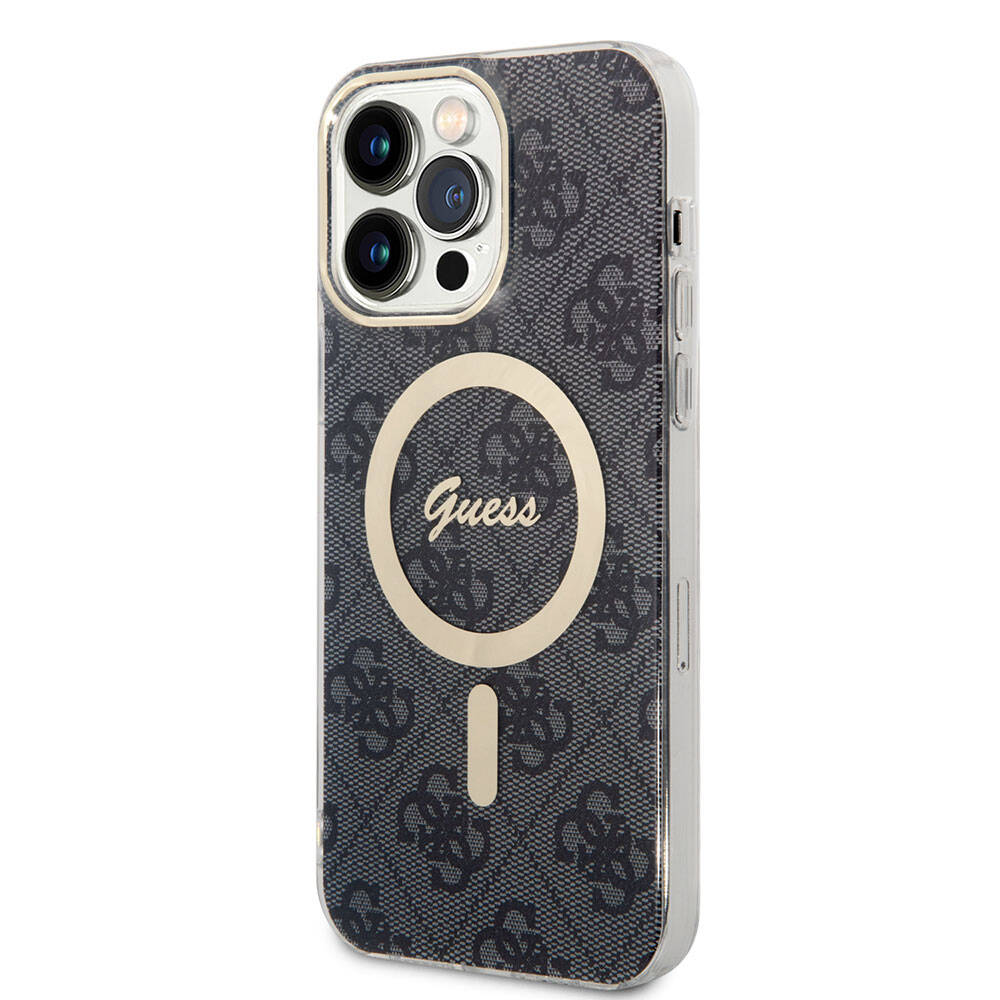 Apple iPhone 15 Pro Max Kılıf Guess Orjinal Lisanslı Magsafe Şarj Özellikli Yazı Logolu 4G Desenli Kapak Kahverengi