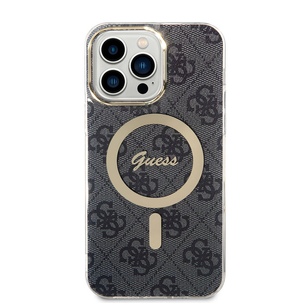 Apple iPhone 15 Pro Max Kılıf Guess Orjinal Lisanslı Magsafe Şarj Özellikli Yazı Logolu 4G Desenli Kapak Kahverengi