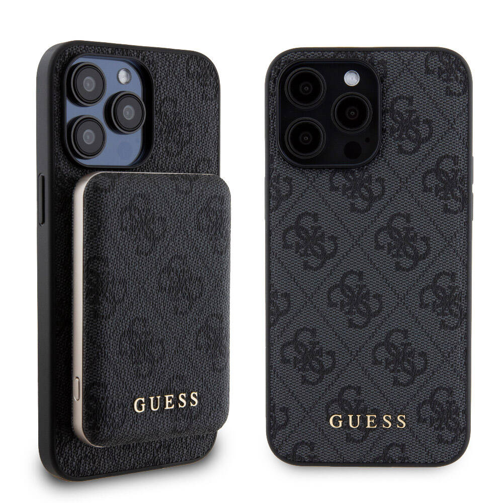 Apple iPhone 15 Pro Max Kılıf Guess Orjinal Lisanslı Magsafe Şarj Özellikli Yazı Logolu 4G Desenli Kapak + Powerbank 5000mAh 2in1 Set Siyah