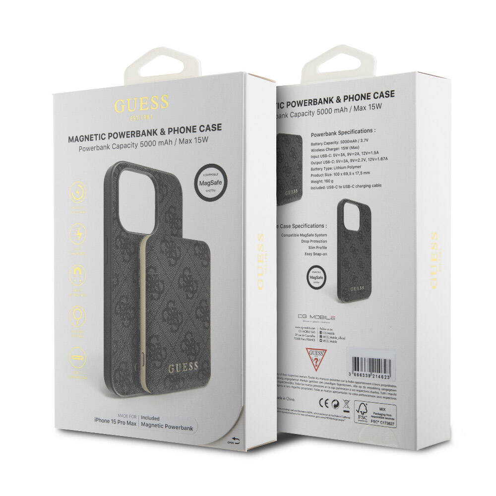 Apple iPhone 15 Pro Max Kılıf Guess Orjinal Lisanslı Magsafe Şarj Özellikli Yazı Logolu 4G Desenli Kapak + Powerbank 5000mAh 2in1 Set Siyah